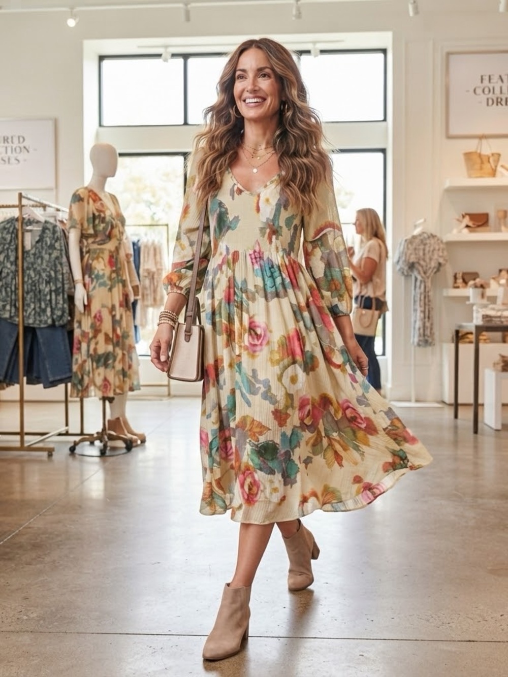 Spense Cream Floral Midi Dress with Pink, Green and Blue Bouquet